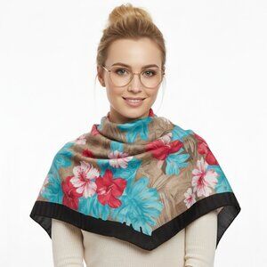 Abstract Floral Print Square Scarf Wrap Multi-Color Chiffon Shawl Lightweight
